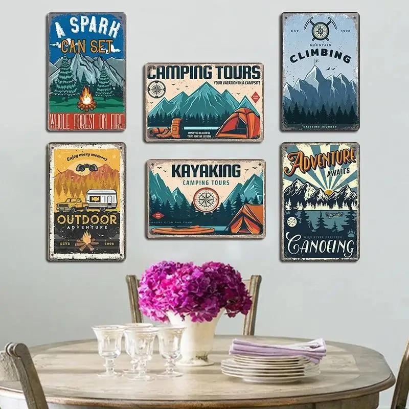 Camping  Adventure Plaques VintageMetal Tin Signs Plate Mountain Trip Campervan Tours Room Gym Sign Posters Wall Decor Travel