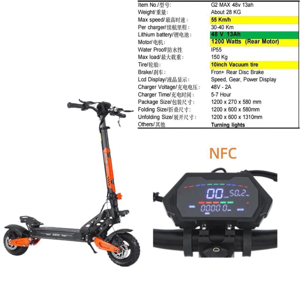 G2 MAX 1200W 48V 21ah 55 KM/H elektrische step, opvouwbaar, met zadel, voor stads- en off-road gebruik E Scooter