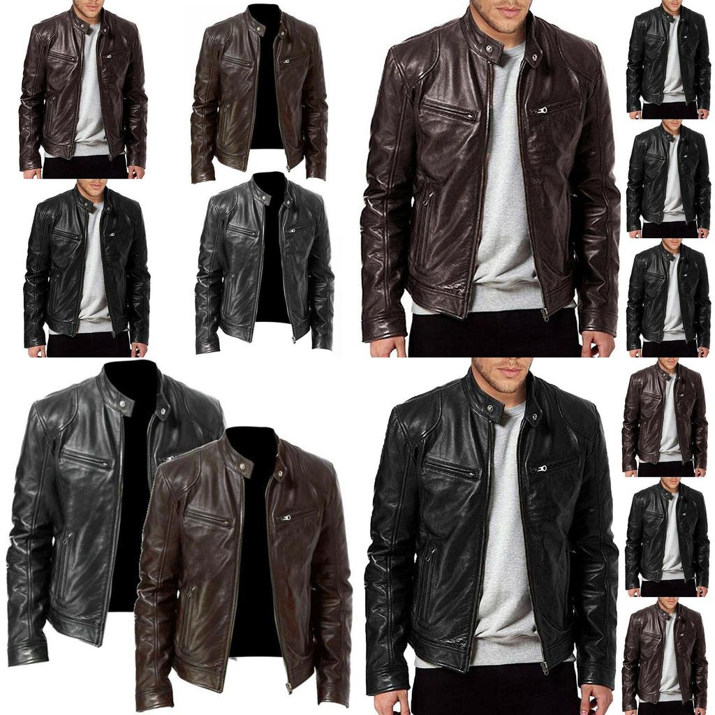 Classic Men's Faux Leather Jacket With Stand Collar For A Sleek Motorcycle Biker Look