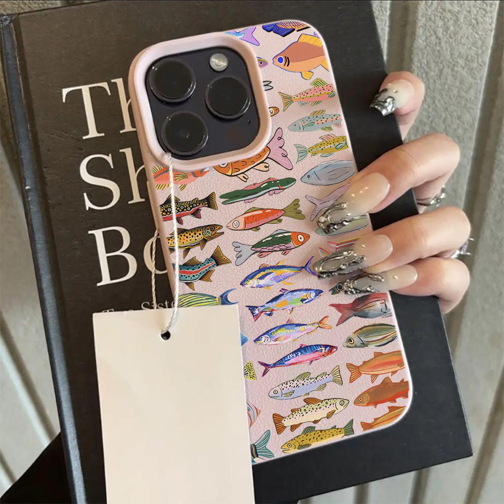 Cute Fish School Pattern Lychee Soft Phone Case For iPhone 17 16 15 14 13 12 11 Pro Max Air 15 16 Plus X XR XS Shockproof Cover