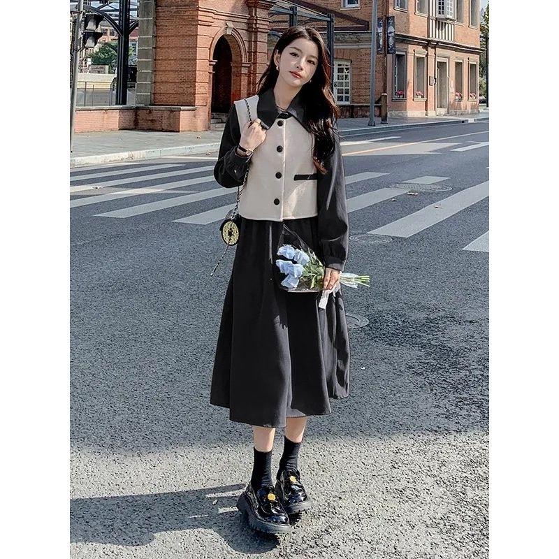 French-Style Long-Sleeve Shirt Dress with Vest Two-Piece Set, Plus-Size for Curvy Women, Tummy-Concealing, Slimming, Age-Reducing Long Dress Set
