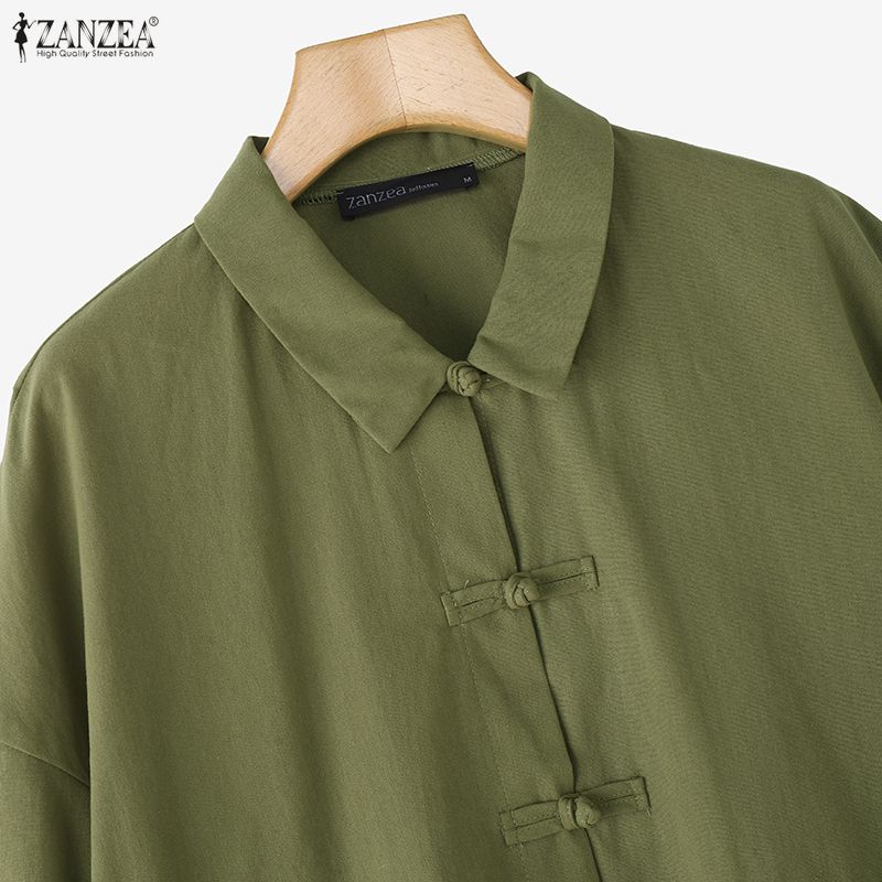 ZANZEA Women Summer Turn Down Collar Loose Half Sleeve Cotton Blouse