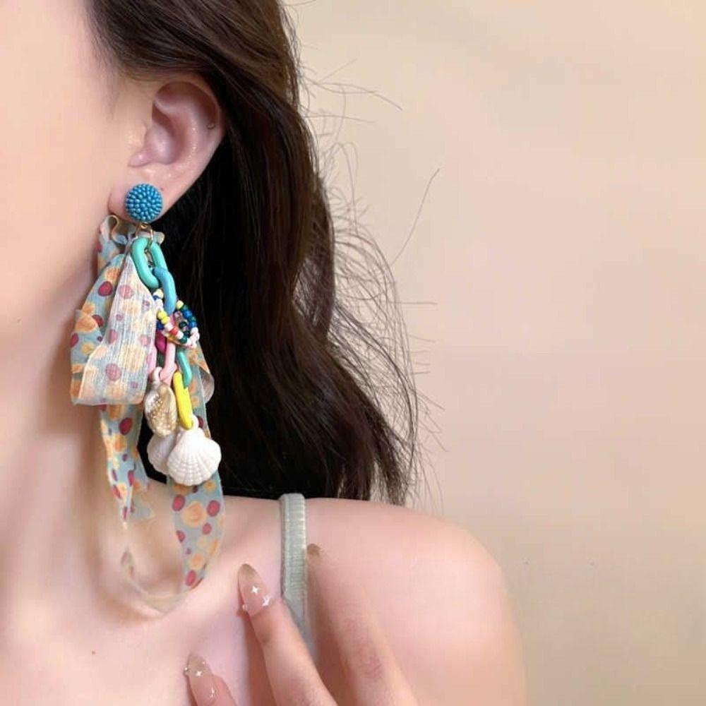 Cloth Fabric Flower Tassel Earrings Ear Jewelry Shell Earrings Fashion Tassel Earrings  Party