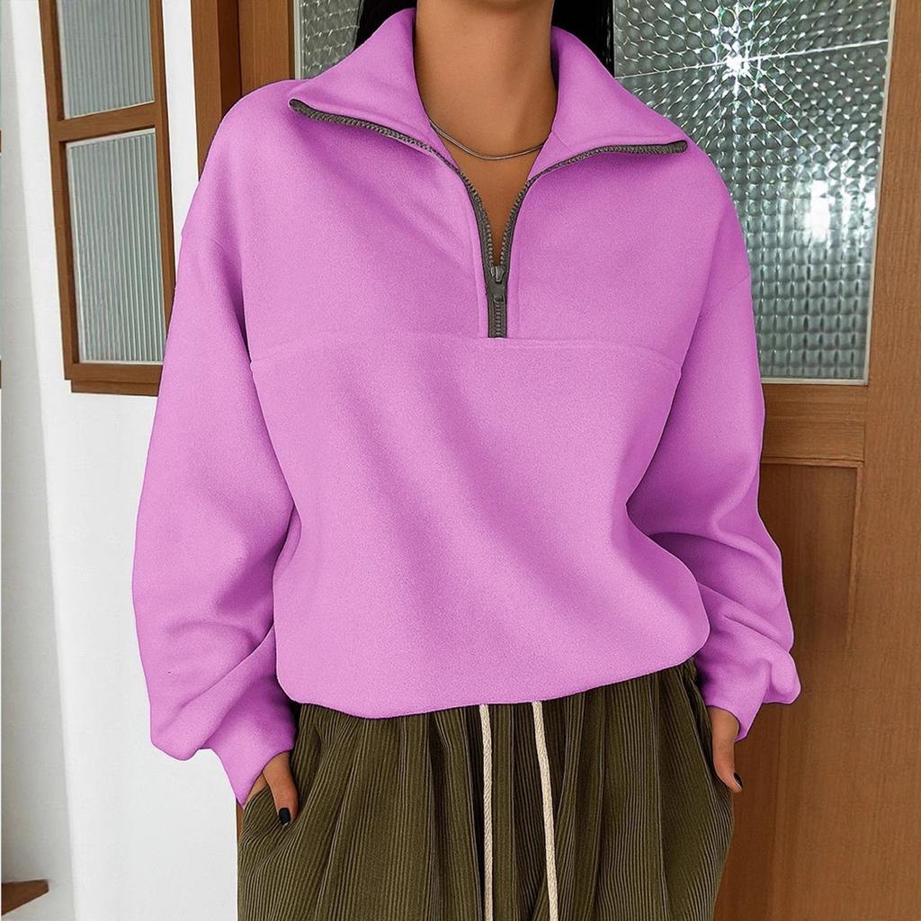 Women's Casual Loose Fashion Solid Color Long-sleeved Zipper Pullover Lapel Sweatshirt