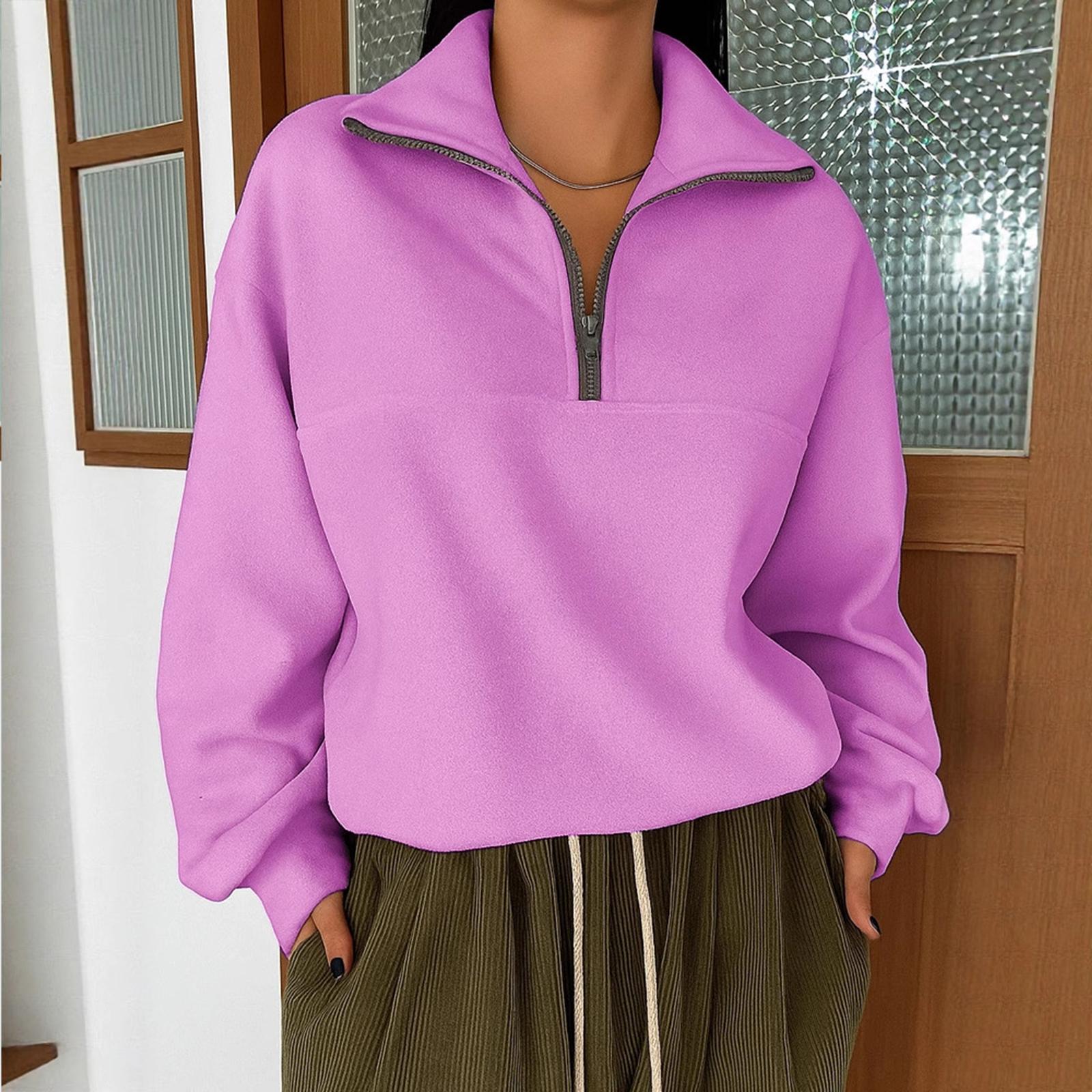 

Women s Casual Loose Fashion Color Long-sleeved Zipper Pullover Lapel Sweatshirt S