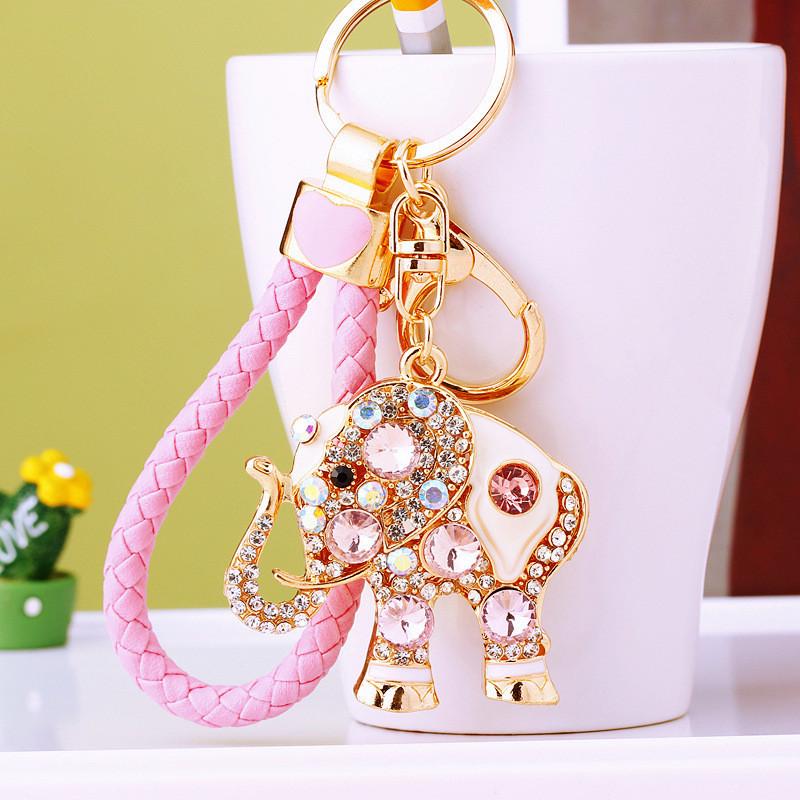 Cute Crystal Inlaid Elephant Car Keychain Metal Key Ring Bag Pendant Creative Cross-border Gift