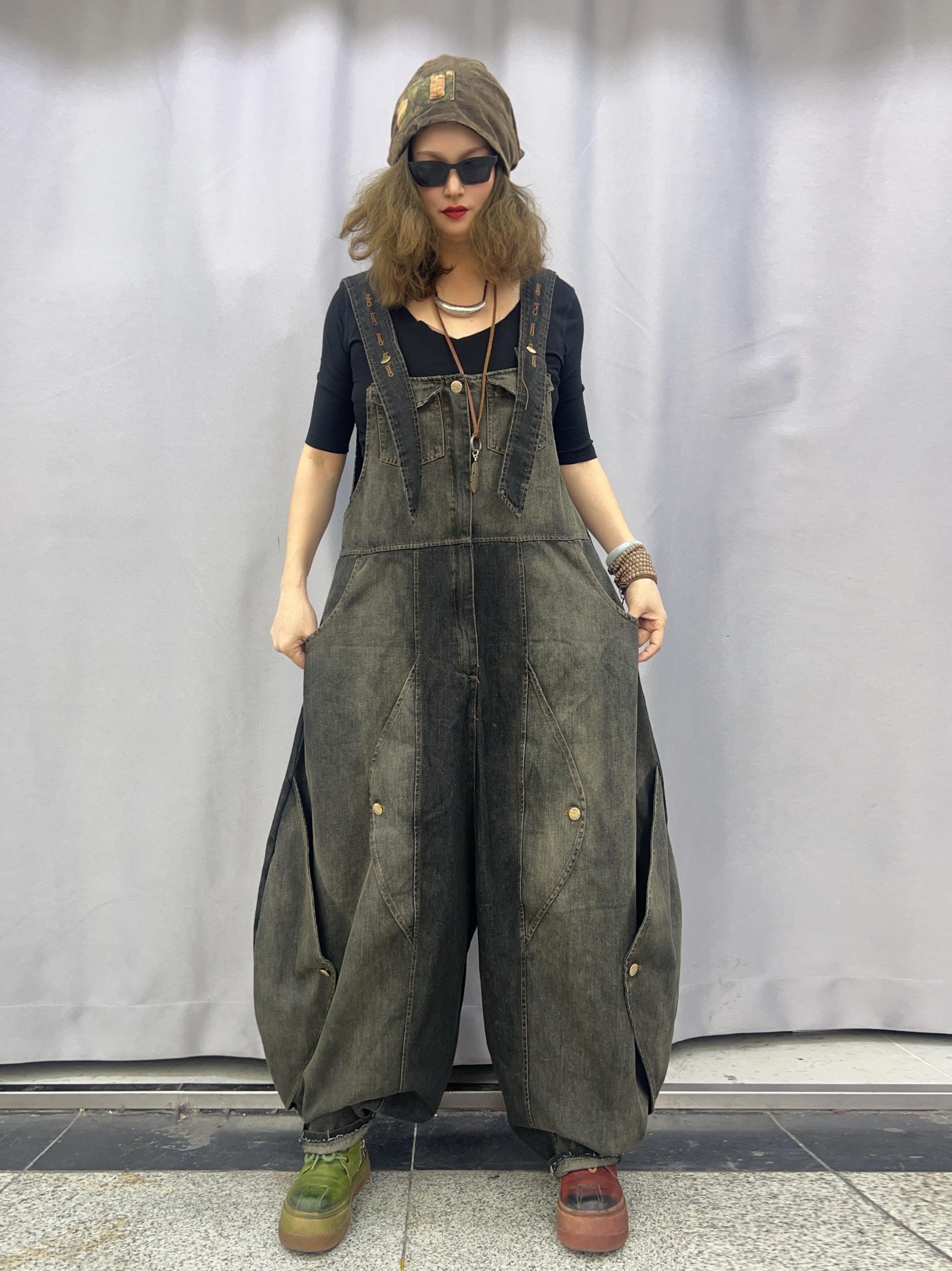 Personalized design irregular tailoring old denim wide-leg overalls women s spring and autumn high-waisted jumpsuit trendy brand M