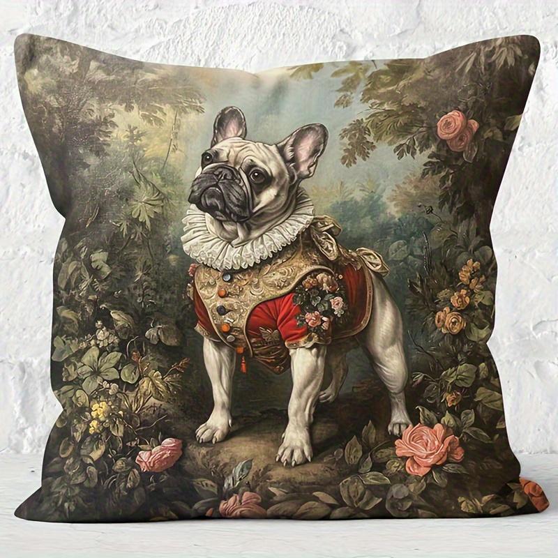 Decorative French Bulldog Dog Pillowcase Vintage Pet Art Cushion Cover Cottagecore Floral Botanical Throw Pillow Gift
