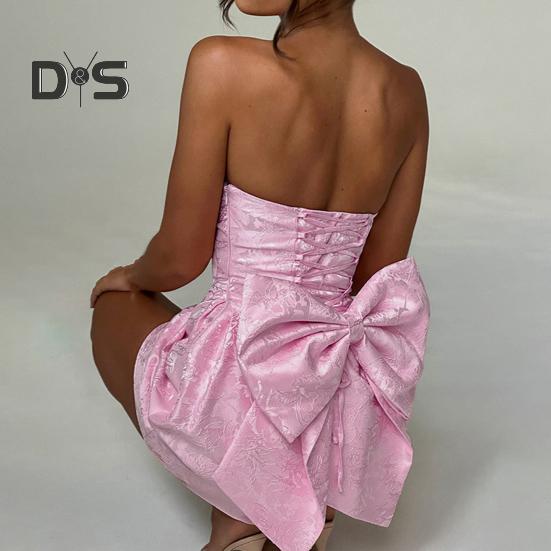Vestido de noche para mujer, con lazo grande, decoración, bandeau, hombros descubiertos, textura floral, sin mangas, con cordones, corte en A, espalda descubierta, para fiesta de graduación, cóctel, vestido de baile de verano Mini