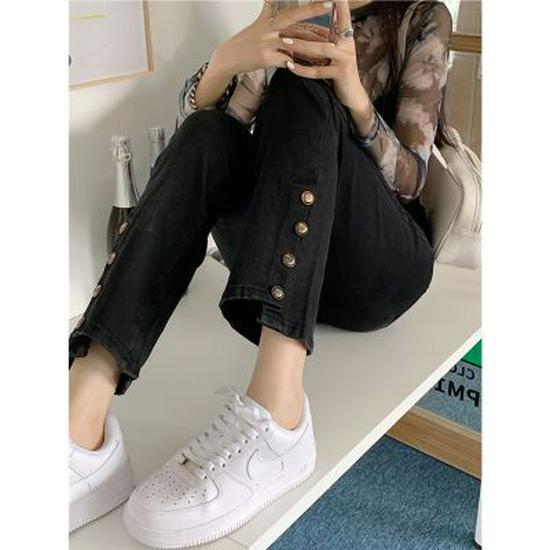 

Узкие расклешенные джинсы с высокой талией: Брюки нестандартного покроя с пуговицами для женщин больших размеров - мода весна/осень M чёрный