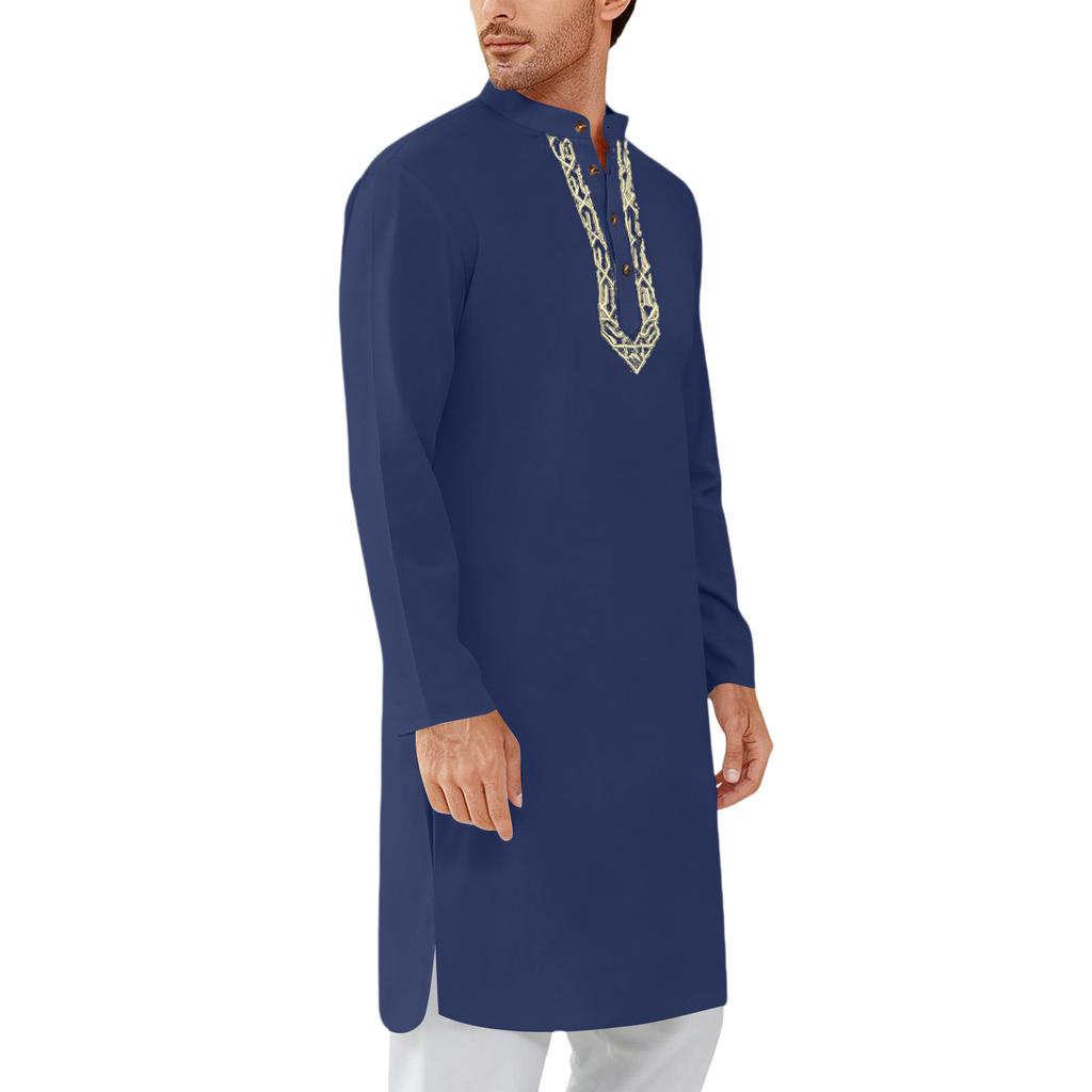 Mens Kaftan Thobe Button Down Casual  Shirts Long Sleeve Robe Cotton Linen Muslim Gown Shirt