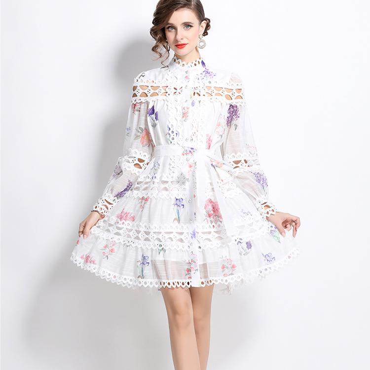 Printemps Automne Femmes Vintage Col Montant Imprimé Dentelle Patchwork Mini Robes De Soirée Courtes