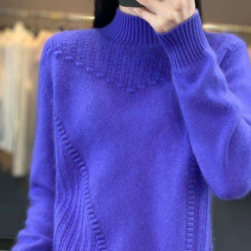 Damesemi-høy hals tykk ensfarget genser pullover avslappet løs og slankende strikket genser