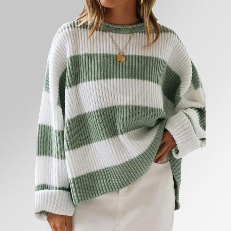 Crew Neck Long Sleeve Striped Knitted Sweater European and American Women's Clothing Horn Sleeve Loose Sweater Women