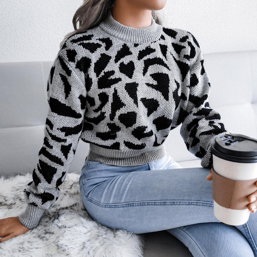 Leopard Print Knitted Crop Sweater Women Autumn Winter Long Sleeve O Neck Nipped Tops Sizes S to L