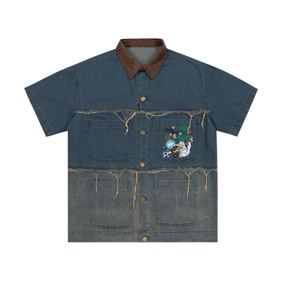 Men s retro trendy brand denim shirt gradual change color washed fringed cartoon embroidered shirt S синий