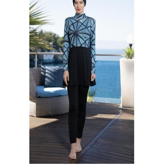 Blue Set Muslim Women Decent Branches Floral Print Seaside Swimwear Full Coverage Swimsuit Beachwear Burkini Swimsuit Set (Without Hijab)