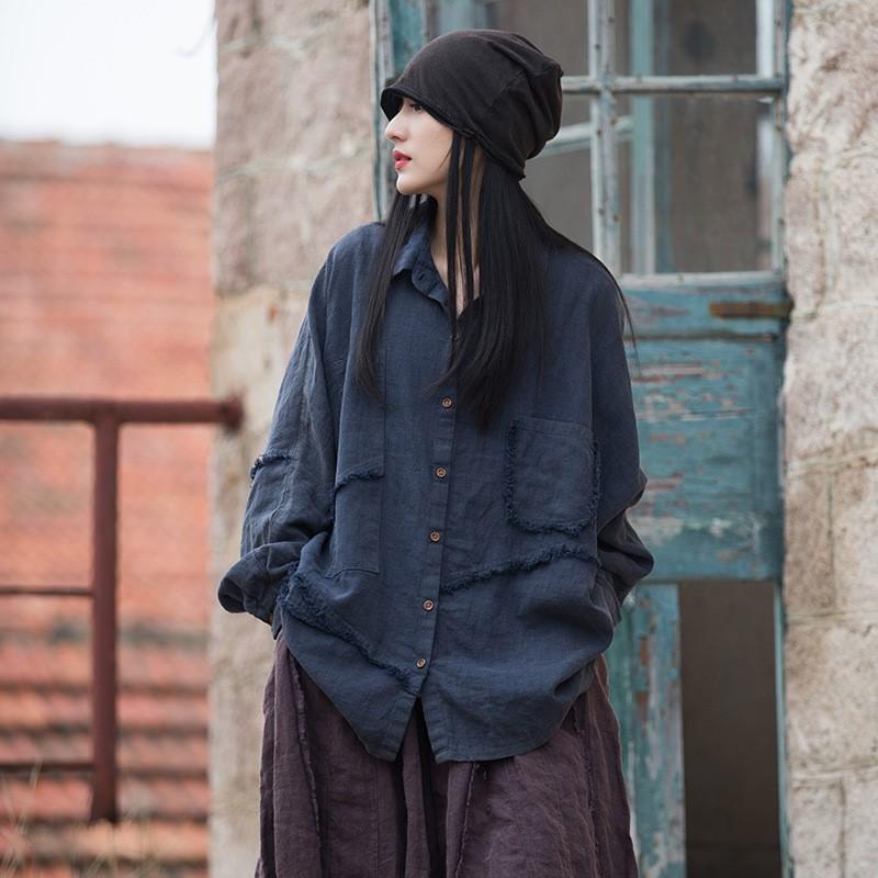 Johnature Dámské vintage patchworkové košile Jarní Ramie Kapsy na knoflíky Jednobarevné topy Volné dámské košile