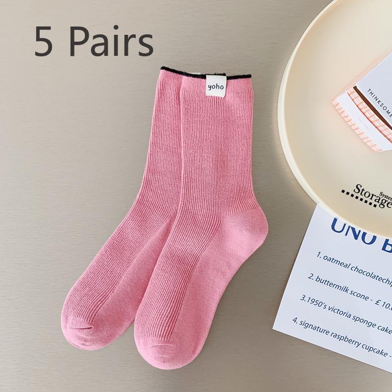 

5 пар женских носков Four Seasons, модели из хлопка с двойной иглой, женские носки, носки до середины голени с английской этикеткой, наборные носки ярких цветов 5 pairs розовый