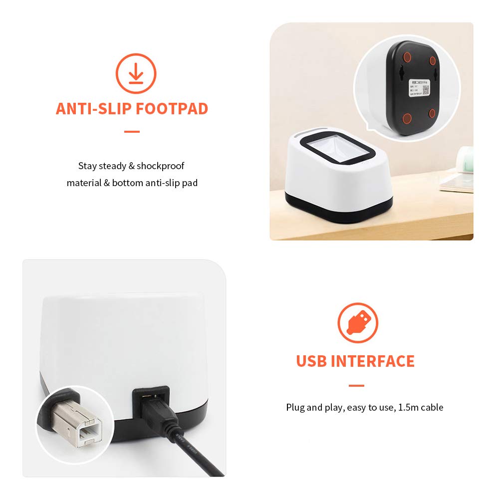 Wscoficey Wired Barcode Scanner for Supermarkets/Shops, USB Universal Scanner, Hands-Free Scanning, QR Code 1D & 2D Code Reader