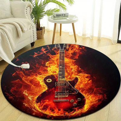 Brennende Gitarre Druck Runder Teppich - Weiche Polyester Rutschfeste Matte für Schlafzimmer & Wohnzimmer Dekoration, Kristall Samt, Rock Musik Thema Hausdekoration