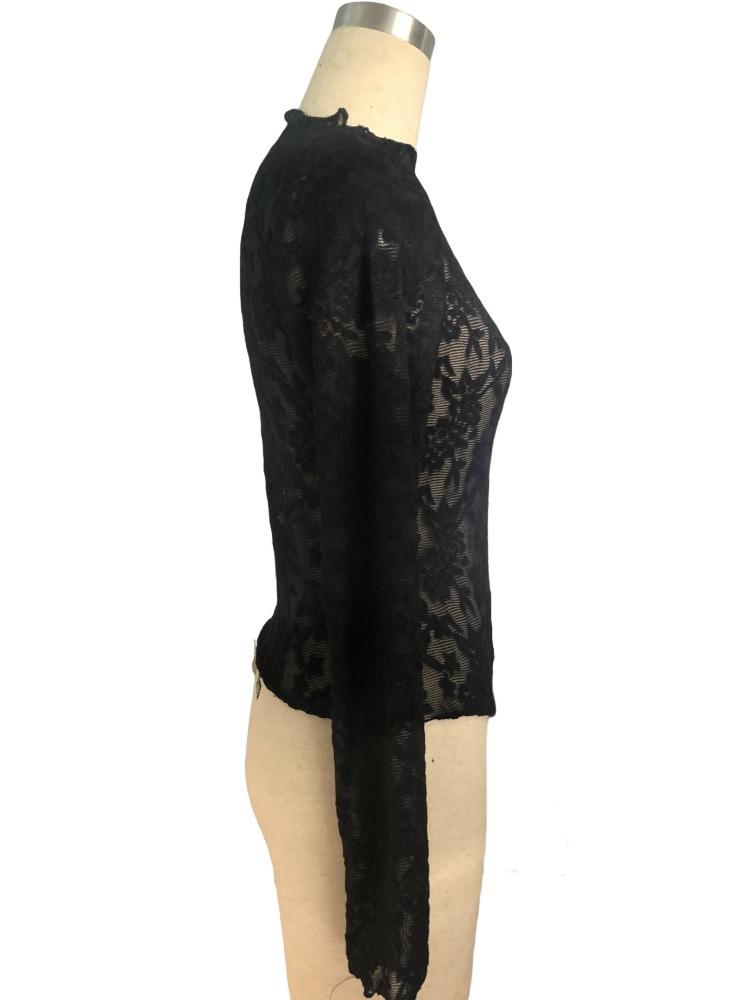 Women's Small Standing Lapel Transparent Lace Tight Sleeve Long Sleeve T-Shirt Tops Women Versatile Closet Essential Fashion Items Shirt