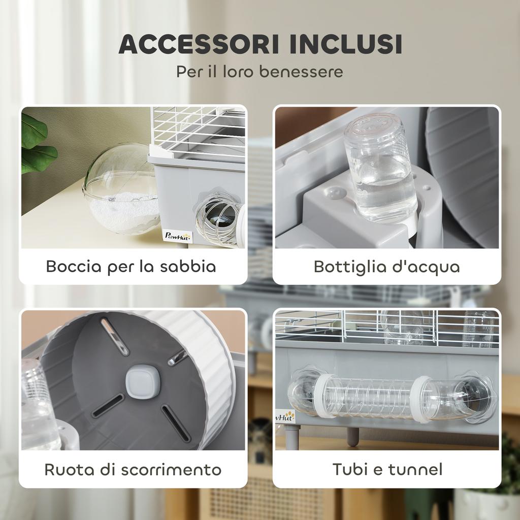 2-Tier, 3-Door Hamster Cage with Wheel and Tubes, Steel, PS and PP, 44.5x28x44 cm, Grey and White