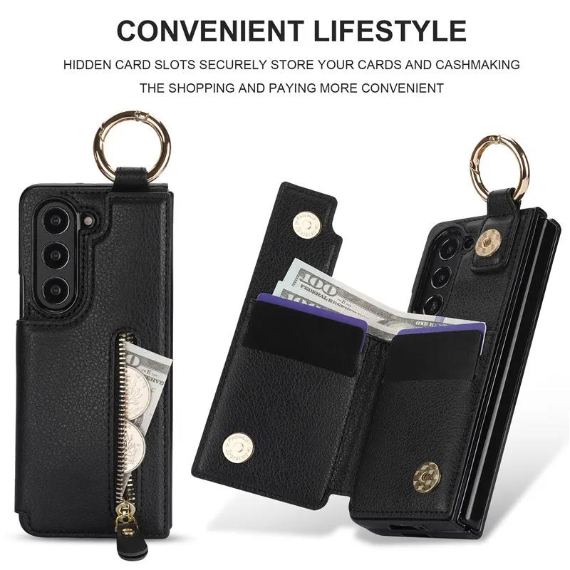 PU Leather Ring Zipper Wallet with Card Holder Phone Case for Samsung Galaxy Z Fold 6 5 4 3 Fold6 Fold5 Fold4 5G Kickstand Cover
