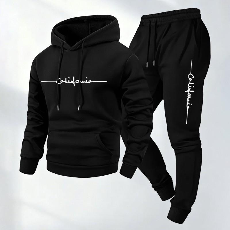 Conjunto de Sudadera con Capucha y Forro de Forro Polar para Hombre, Chándal Casual con Estampado de Letras, Sudadera de Manga Larga, Pantalones Jogger
