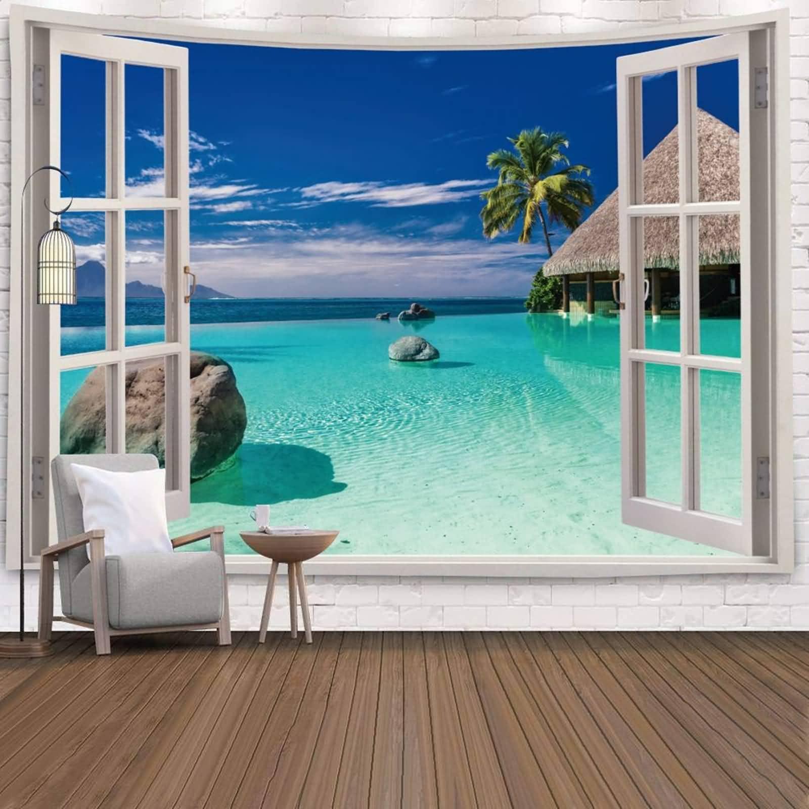 

VIKAMA Beach Landscape Tapestry Tropical Ocean Window Sill Bedroom Wall Hanging Living Room Dormitory Guesthouse Decor 74x94cm(29x37in)