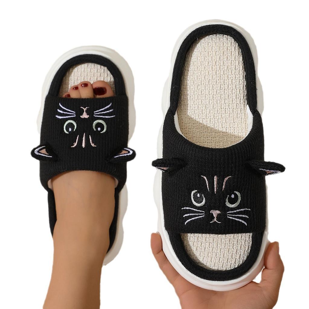 Fashion Kidmi Cute kitty Women Slippers Fashion Breathable Indoor House Slippers Sweat-absorbing Linen Antiskid Slippers Casual Slippers