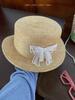 DIY bow flat top sunscreen straw hat women's retro pearl design vacation seaside beach sunshade summer