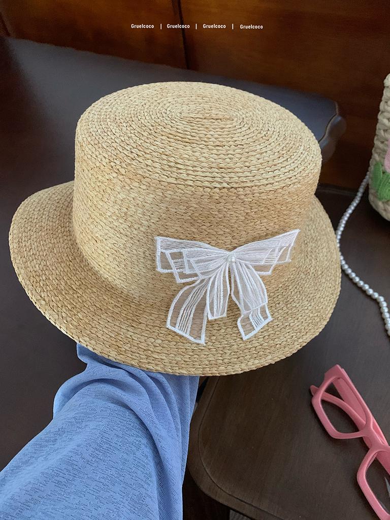 DIY bow flat top sunscreen straw hat women's retro pearl design vacation seaside beach sunshade summer