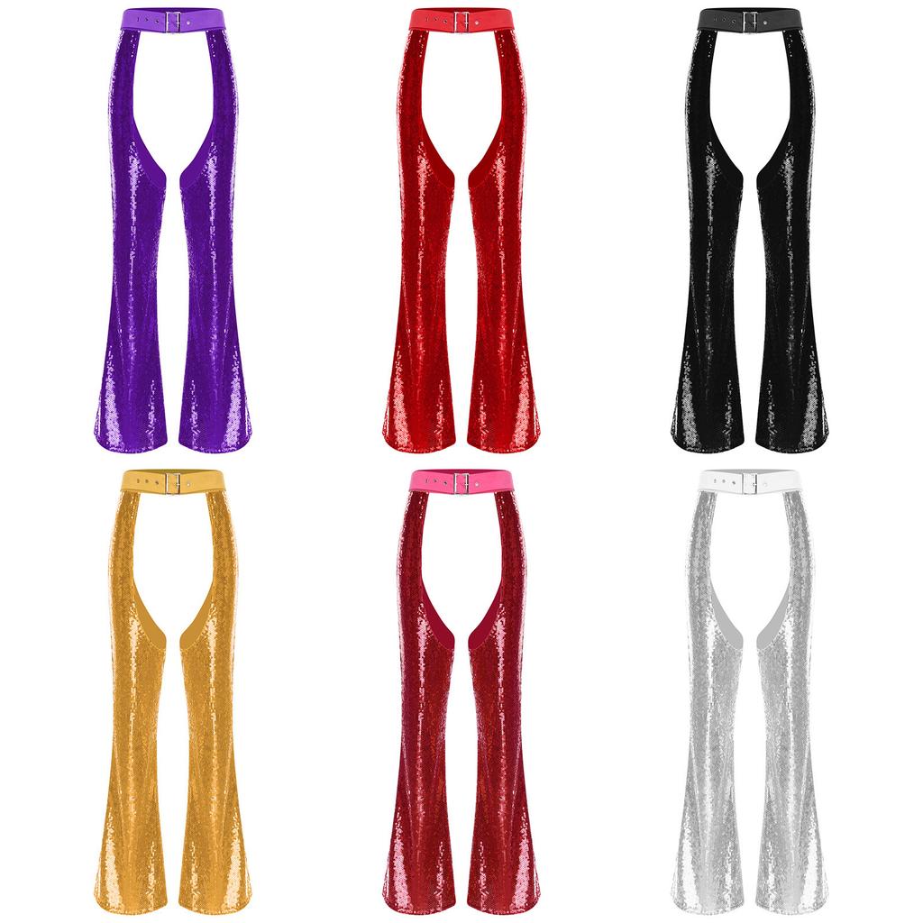 Damskie Halloweenowe Błyszczące Sequiny Koniarskie Chapsy Regulowany Pas Krocze Wycięte W Pełni Podszewka Rozszerzane Spodnie