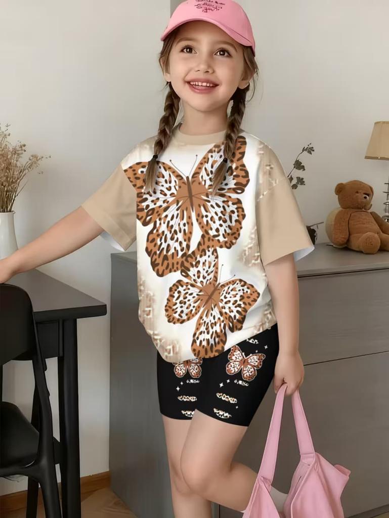 Whimsical 3D Butterfly Print 2 Piece Kids Summer Casual Set Lightweight Short Sleeve Shorts For Unisex Boys Girls