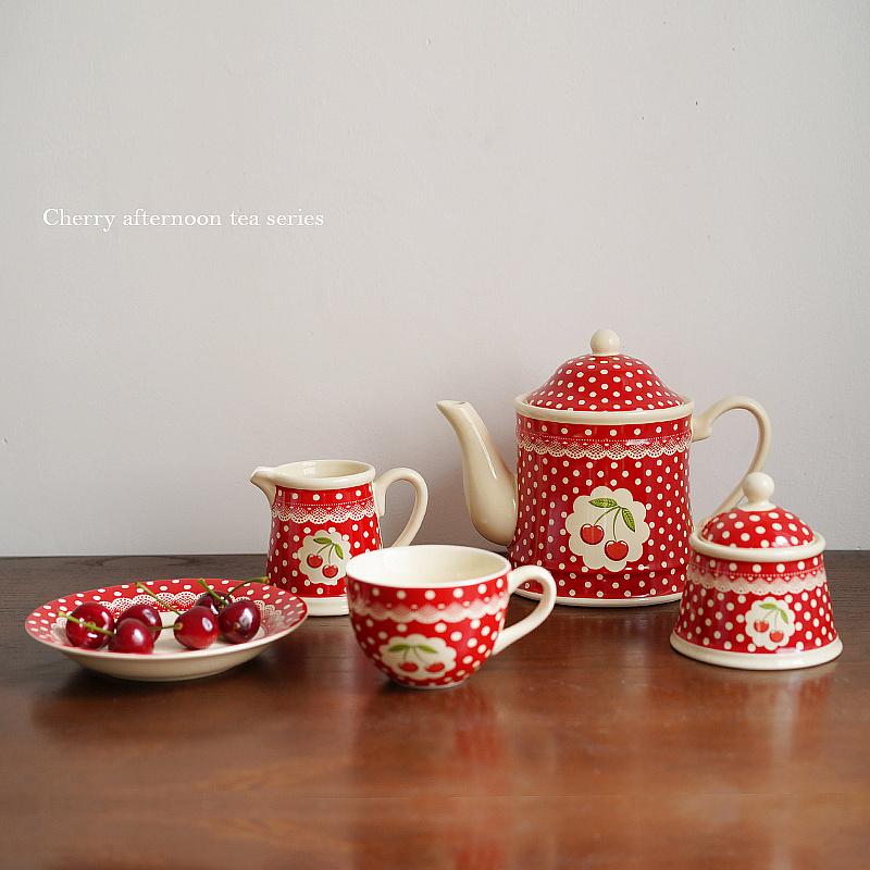 Ceramic England Polka Dot Cherry Printing Teaware Set Afternoon Tea Set Service Coffee Set Coffee Tea Cup Pot Jar