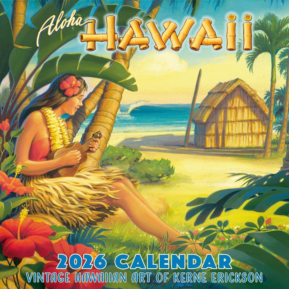 Deluxe Wall Calendar 2026 Aloha Hawaii - Vintage Wall Art Décor of Kerne Erickson - 2026 Wall Calendar 12 Month by Pacifica Island Art