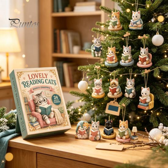 Artistic Acrylic Hanging Decor Reading Cat Advent Calendar 2026, Cute Kitten Ornaments 24 Days Christmas Countdown Creative Gifts for Lovers Calendar,