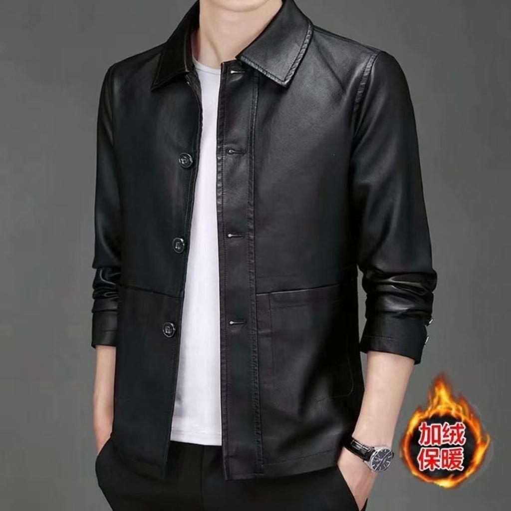 Men's sheepskin leather jacket trendy handsome casual velvet lapel middle-aged leather jacket dad jacket