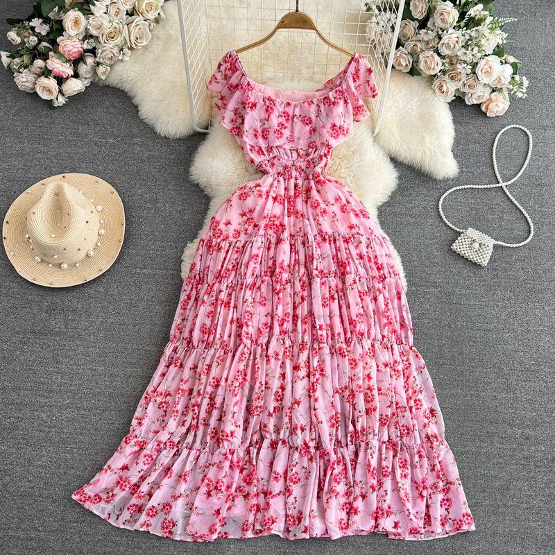 

Seaside Gentle Square Collar A- line Chiffon Floral Dress Pink All yards