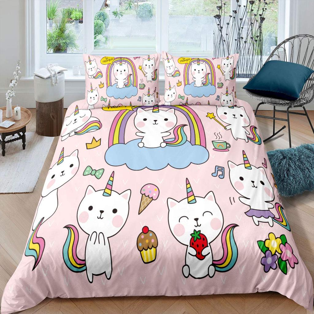 Comforter Cartoon Cat Unicorn Sweet Strawberry Milk Bedding Set Pet Animals Comforter Desserts Cakes Food