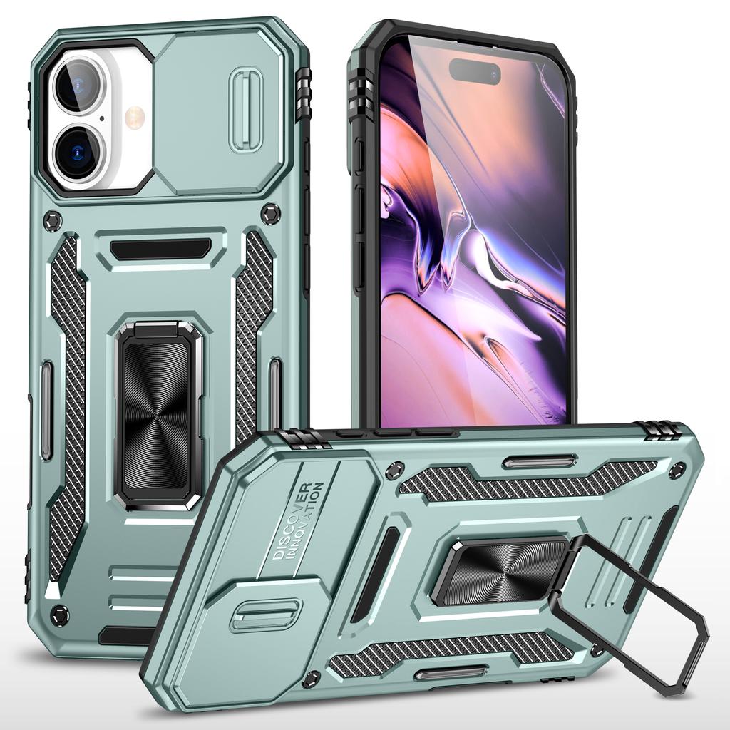 Armor Series For iPhone 16 Plus Case Adjustable Kickstand PC+TPU Phone Cover with Slide Lens Guard