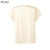 ZANZEA Women Pearl Splice Round Neck Casual Short Sleeve Satin Blouse