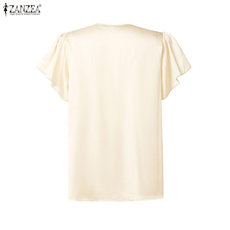 ZANZEA Women Pearl Splice Round Neck Casual Short Sleeve Satin Blouse