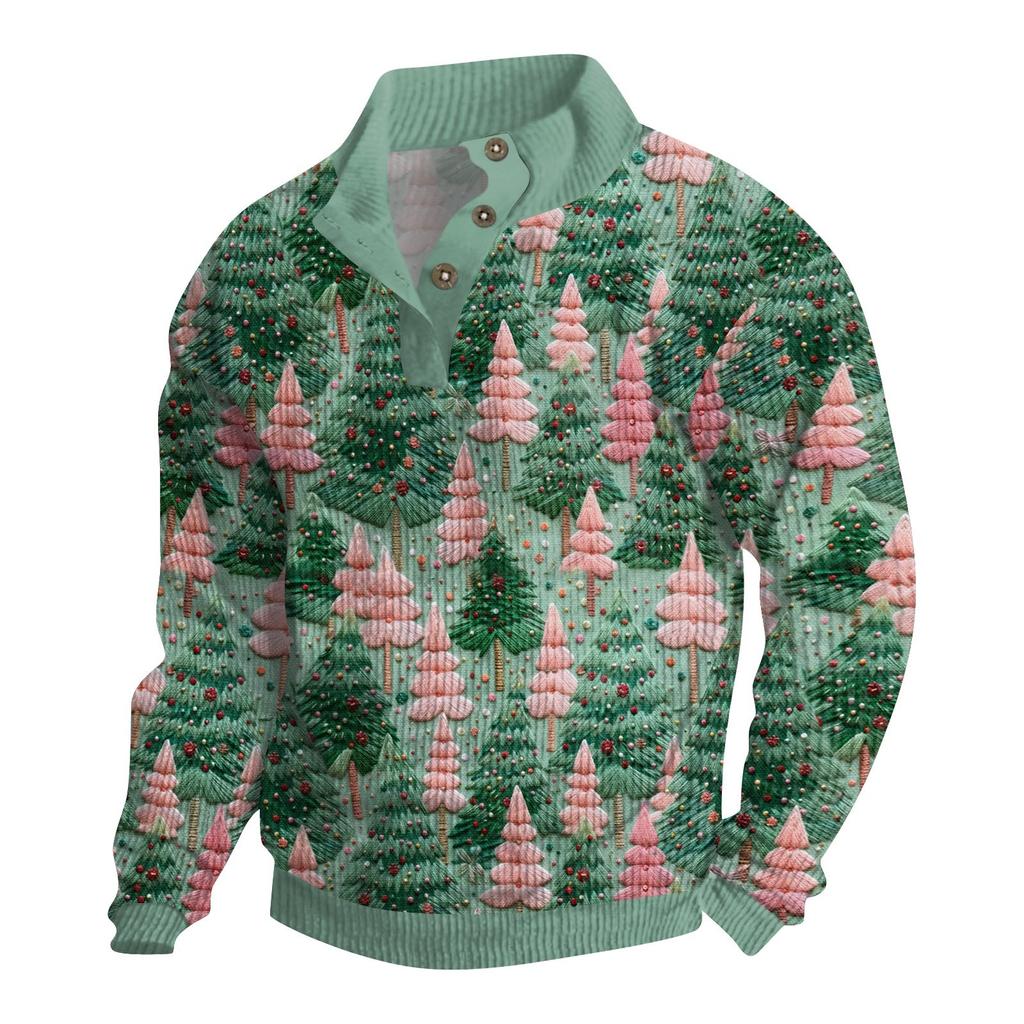 Herre Jul Bomull Genser Langermet Utendørsskjorte Vintage Kordfløyel Knapper Ståkrage Skjorte Casual Genser Juleprint Topp