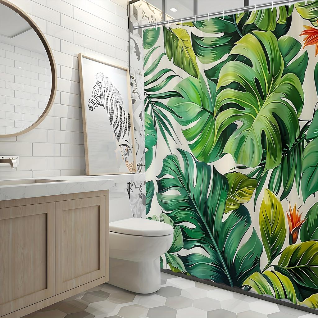 Tropical Paradise Bath Curtain - Vibrant Monstera Leaves & Exotic Flowers, Waterproof Decor Adds Lush Greenery To Your Bathroom