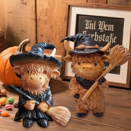 2Pcs Halloween Highland Cow Resin Figurine Wizard Hat Pumpkin Broom Cattle Statue Sculpture Holiday Party Decoration Ornament