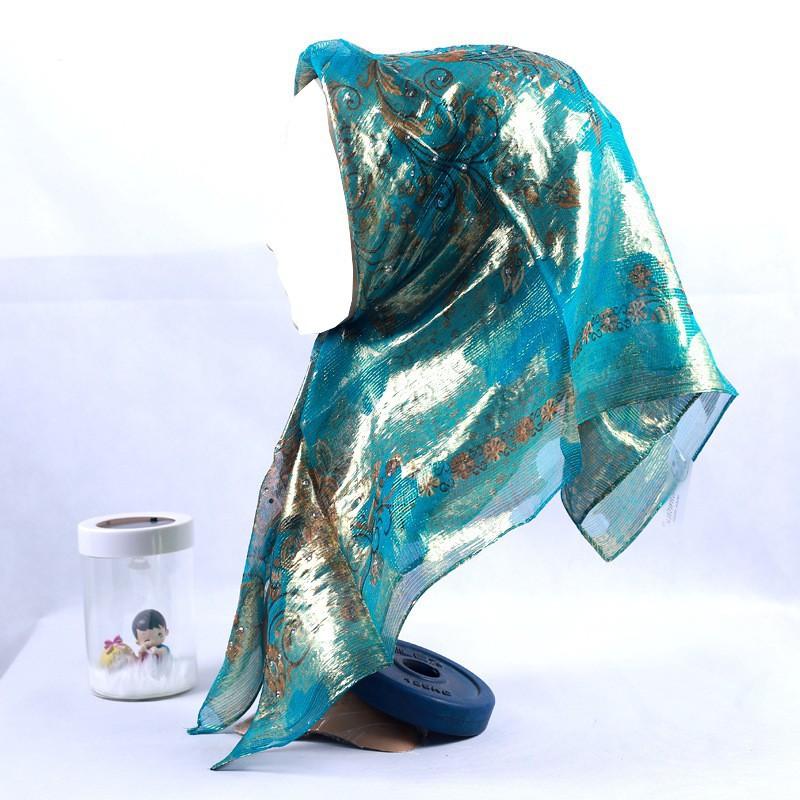 Silk Square Scarf Women Floral Print Embellished Rhinestone Cutwork Woven Headwrap Lightweight Accessory Street Style
