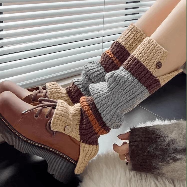 Retro Color-blocked Knitted Hosiery, School Personality, Hot Girl, Striped Slimming, Color-blocking Leg Coverings for Girls