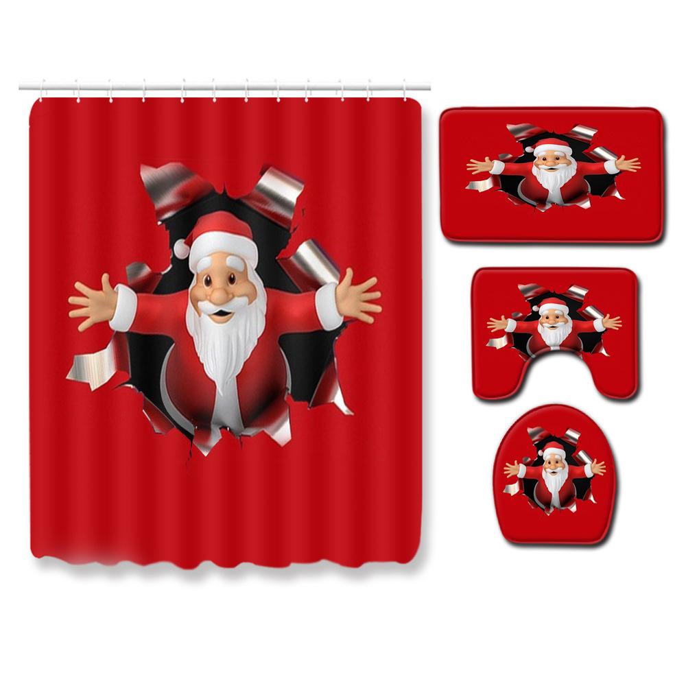 Christmas Toilet Seat Shower Curtain Four-Piece Printed Floor Mat Set Bathroom Floor Mat Bedroom Absorbent Door Mat Carpet